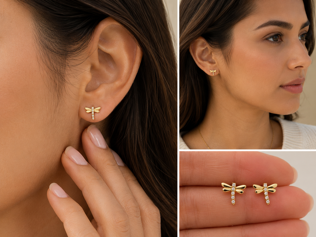 Tiny Dragonfly Gold Stud Earrings