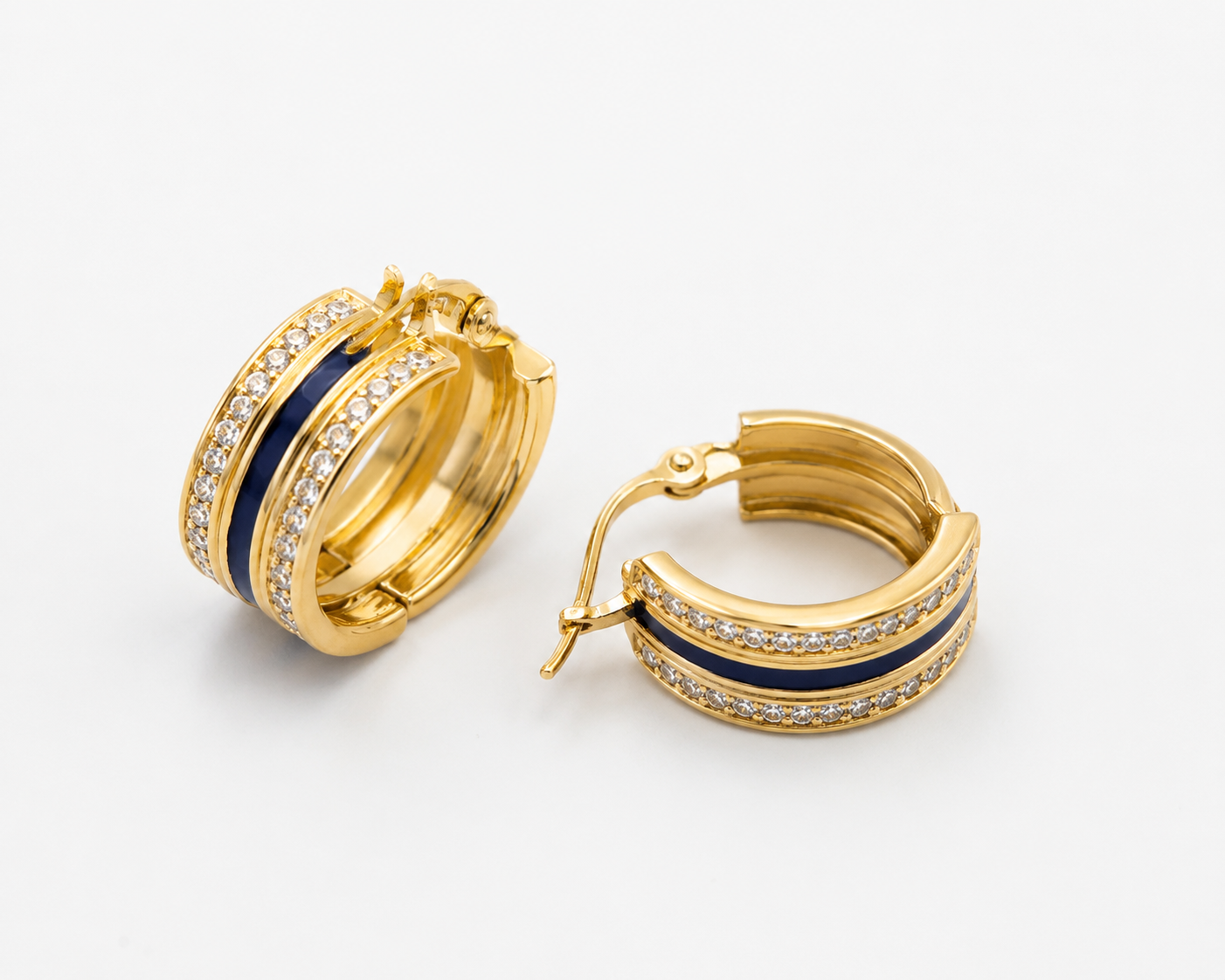 Gold Blue Enamel & CZ Hoop Earrings