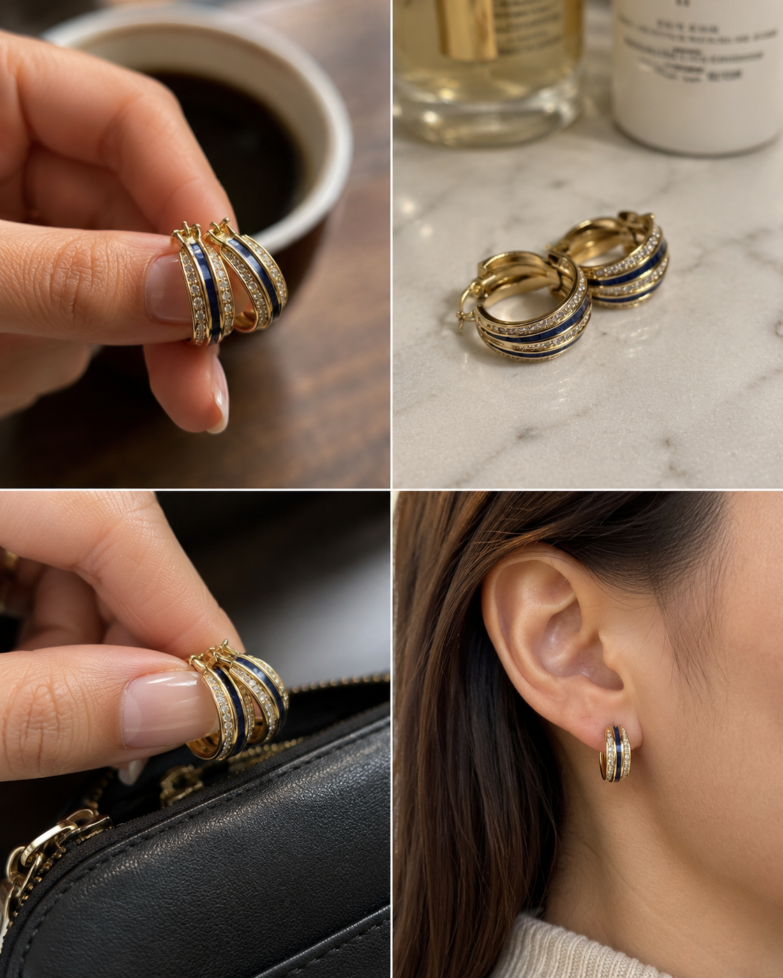 Gold Blue Enamel & CZ Hoop Earrings